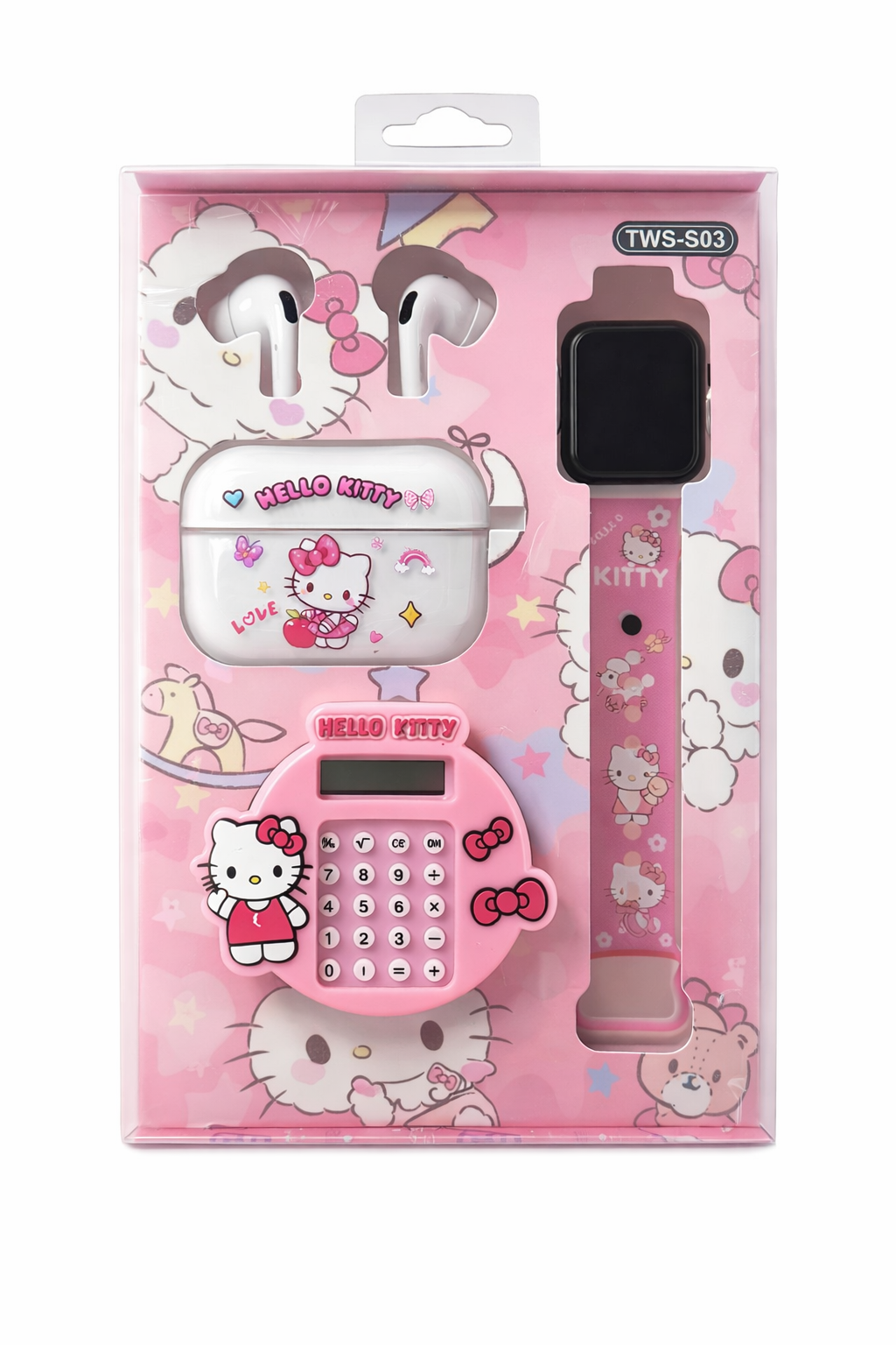 Hello Kitty TWS-S03 Kids Gift Set - Wireless Earbuds, Smart Watch, Calculator - White
