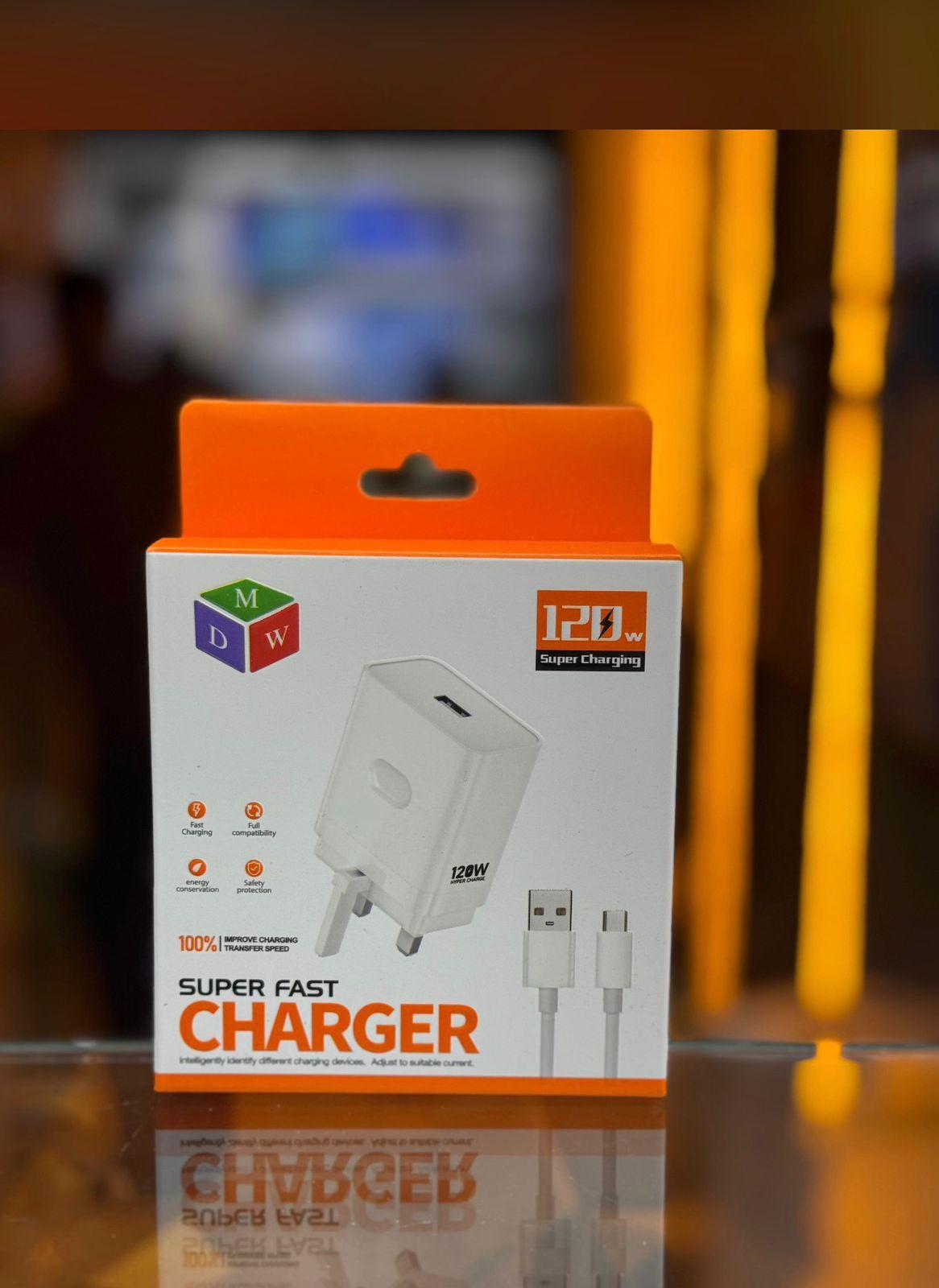 120W Fast Charger with USB Cable - White, Smart Chip Protection
