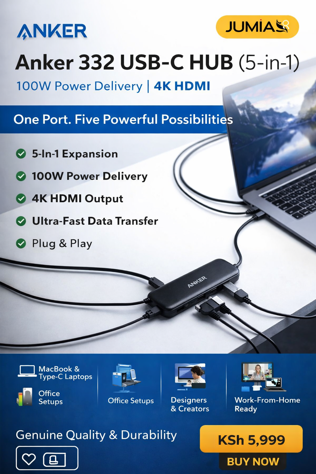 Anker 332 USB-C Hub 5-in-1 - 100W PD, 4K HDMI, 2 USB-A