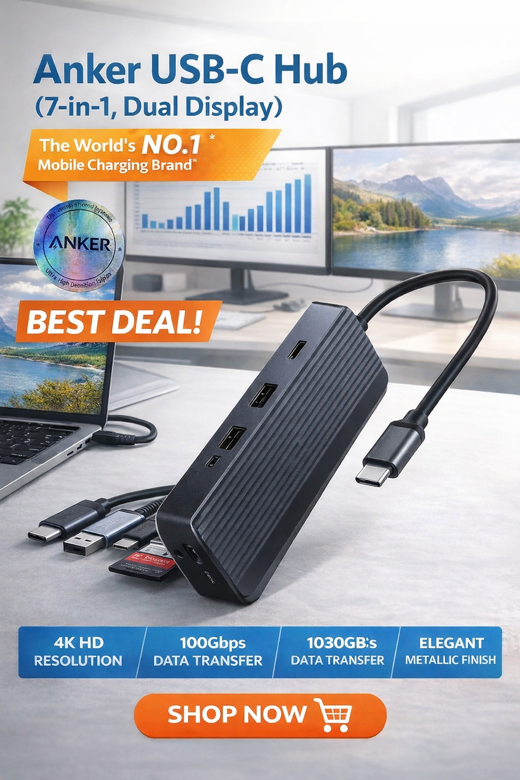Anker USB-C Hub 7-in-1 Dual Display 4K 10Gbps - Black