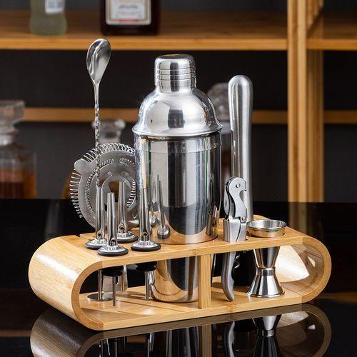 Cocktail Shaker Set with Stylish Bamboo Stand – 10pcs